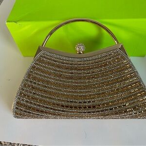 Small Gold and Rhinestone snap closure top handle bag with detachable gold chain